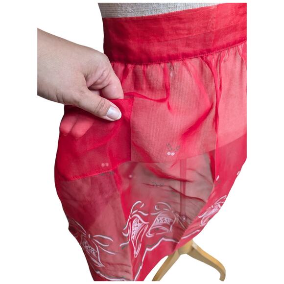 Vtg 1950s Red Sheer Chiffon Holiday Bell Graphic Single Pocket Half Apron OS - Picture 3 of 4